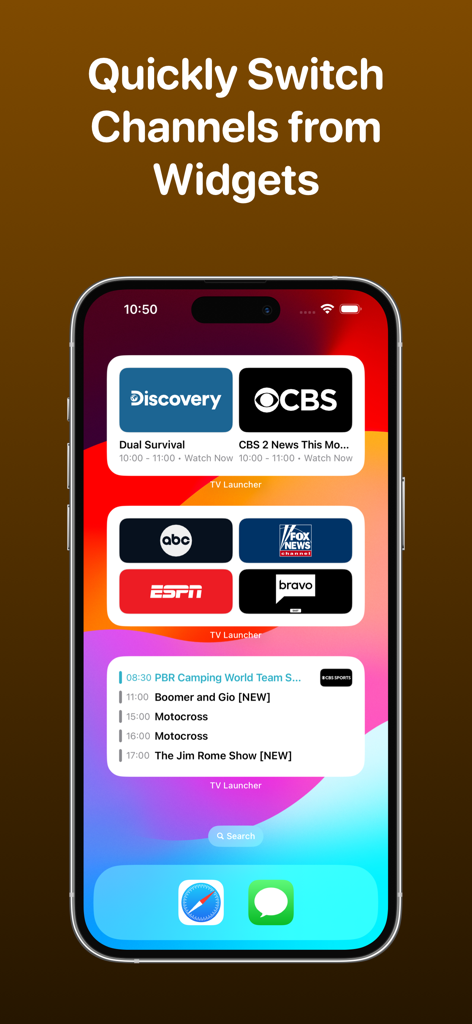 TV Launcher - Live US Channels - iPhone home screen displaying TV Launcher widgets for quick access to live channels and program schedules.
