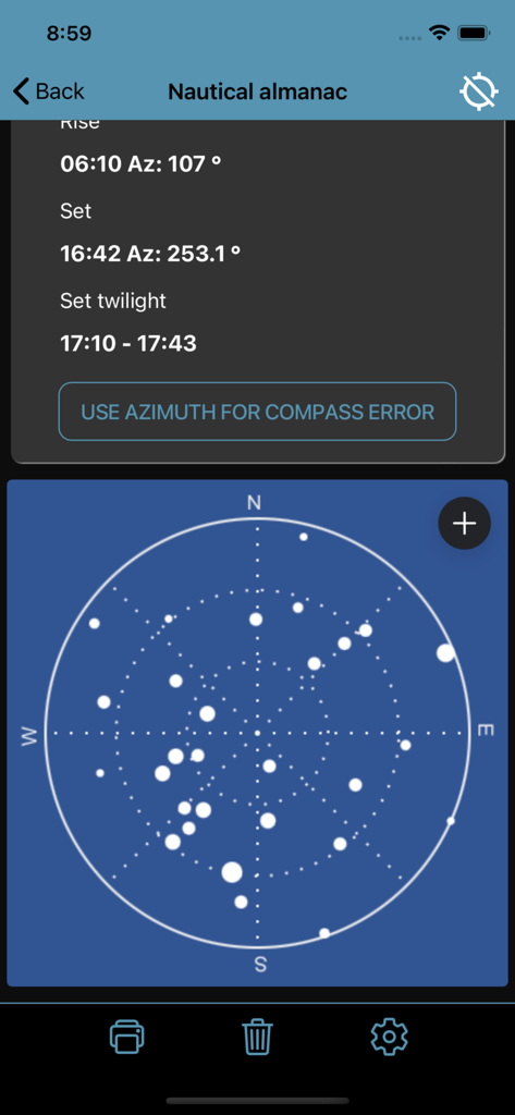 Nautical Calculator Pro - Schermata dell'almanacco nautico che mostra dati di alba e tramonto con una mappa stellare celeste circolare
