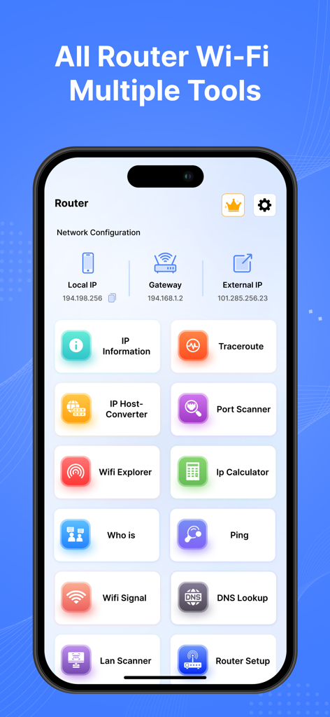 All Router Wifi Passwords - Panel de la aplicación móvil que muestra múltiples herramientas de red, incluido el escáner de puertos de información IP y el explorador de WiFi