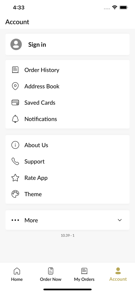 Alfaisal Takeaway - User account settings page in the Alfaisal Takeaway app showing options for order history and saved cards