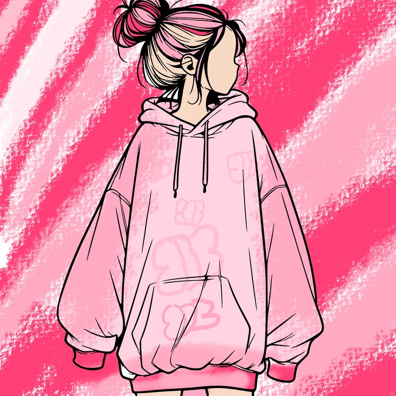 realistic girl with a oversized sweatshirt on and a bun