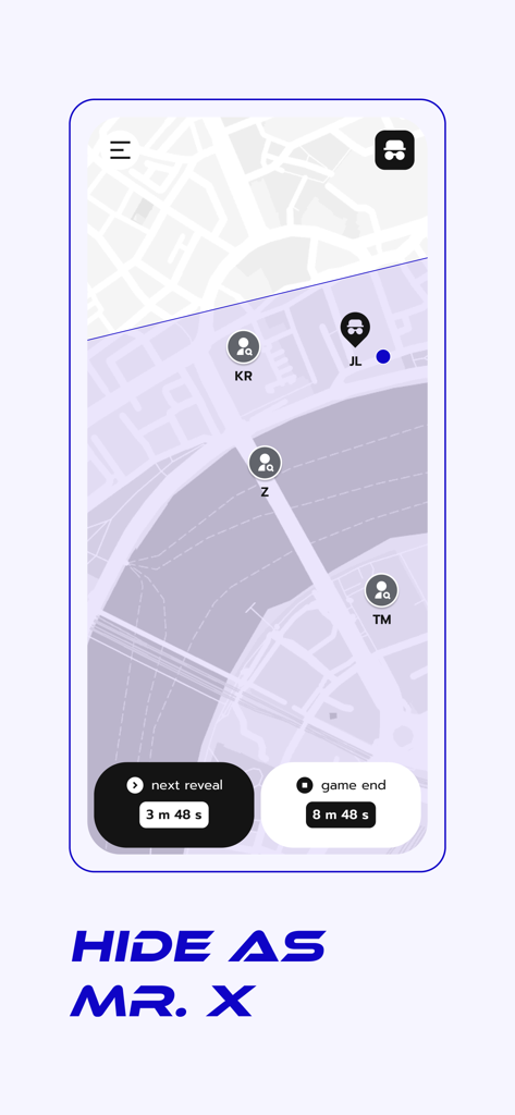 City Chase Game - Interfaz del mapa de City Chase Game mostrando el rol del jugador como Sr. X escondiéndose de los detectives con rastreadores de ubicación y temporizadores