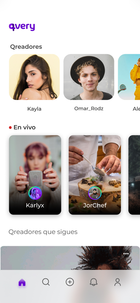 Qvery - Interfaz de la app Qvery con creadores de contenido y transmisiones en vivo