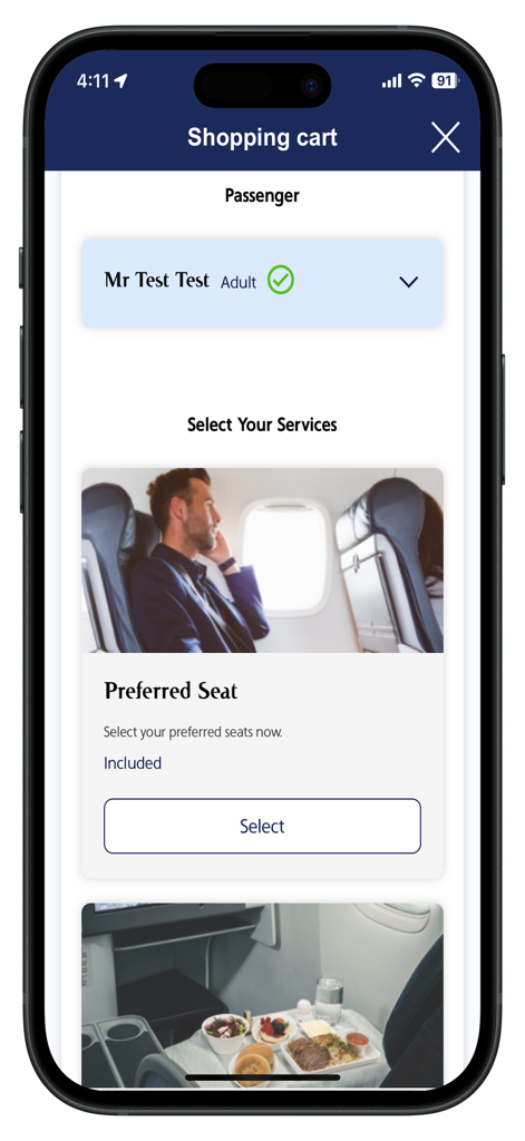 Kuwait Airways - Shopping cart screen in the Kuwait Airways app showing passenger details and preferred seat selection options.