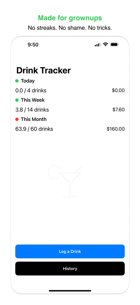 Screenshot della dashboard dell'app Drink Less che mostra i registri e i costi delle bevande giornalieri, settimanali e mensili.