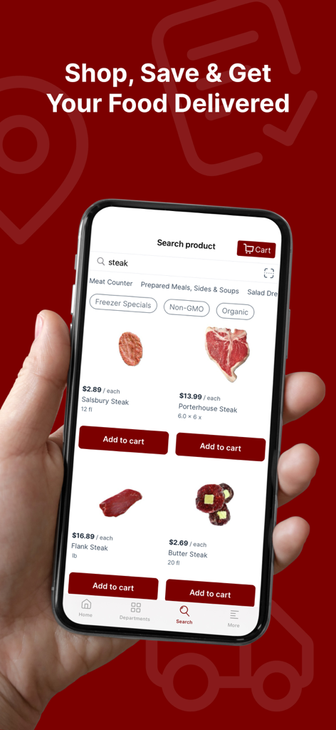 Tom Fridays Market app interface showing fresh steak products for delivery