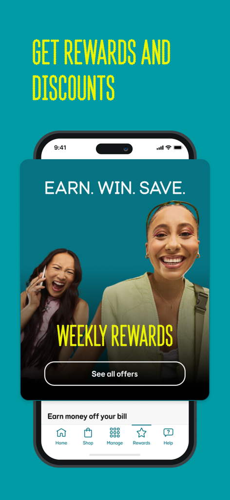 Smartphone screen displaying the EE app rewards section with weekly discounts and offers
