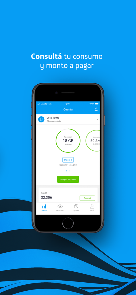 Mi Movistar Uruguay - Pantalla de la app Mi Movistar Uruguay mostrando el consumo de datos móviles y el saldo de la cuenta en un iPhone.