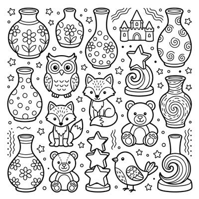 Dive into a delightful world of decorative accents with this charming coloring page, specially designed for kids. Little artists will love bringing these cute vases, friendly animals, and fun objects to life with their favorite colors.