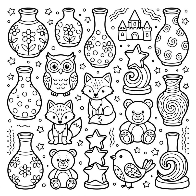 Dive into a delightful world of decorative accents with this charming coloring page, specially designed for kids. Little artists will love bringing these cute vases, friendly animals, and fun objects to life with their favorite colors.