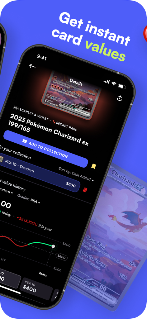 La aplicación Rare Candy mostrando el valor de mercado y el historial de precios de una carta de Pokémon