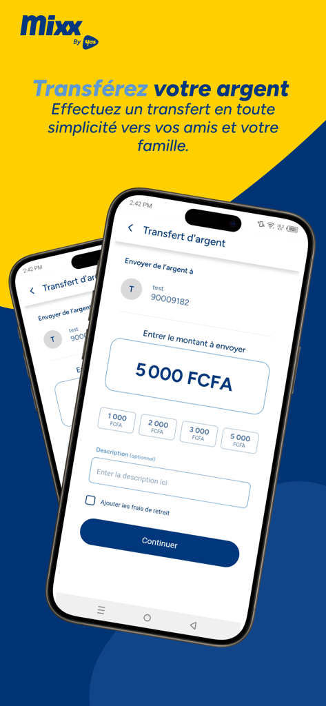 Mixx Togo - Money transfer interface of the Mixx Togo app showing amount entry and transaction options