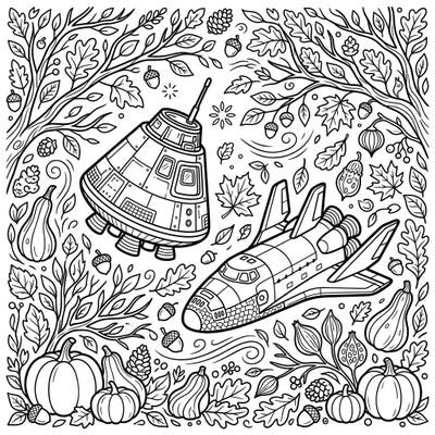 Prepare for an imaginative journey with this unique coloring page, blending the wonder of space reentry vehicles with the cozy charm of autumn. Discover spacecraft soaring through a festive fall landscape, perfect for a creative coloring session.
