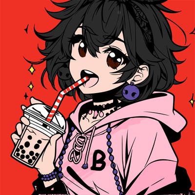 hot baddie anime girl drinking boba and biting the straw