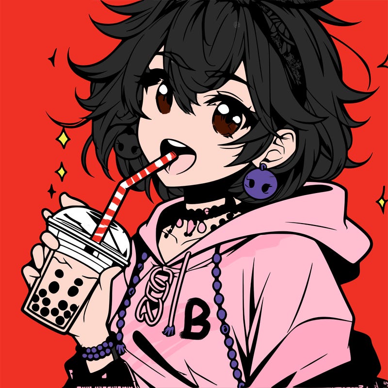 hot baddie anime girl drinking boba and biting the straw
