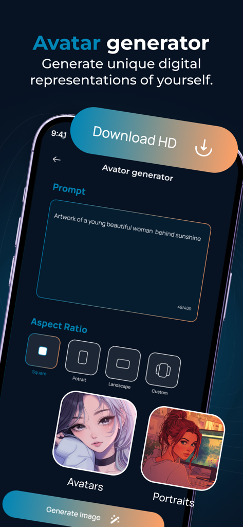 Collart - AI Image Generator - Collart app interface showing the AI avatar generator with text prompt input and anime style digital portraits