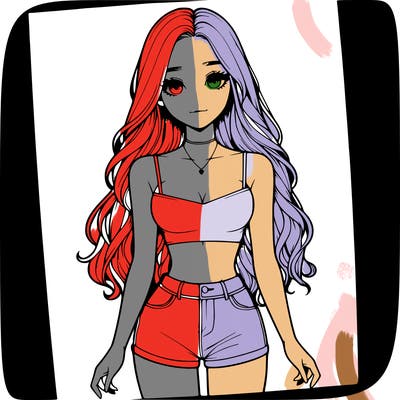 a realistic girl with long hair and in a crop top and shprts