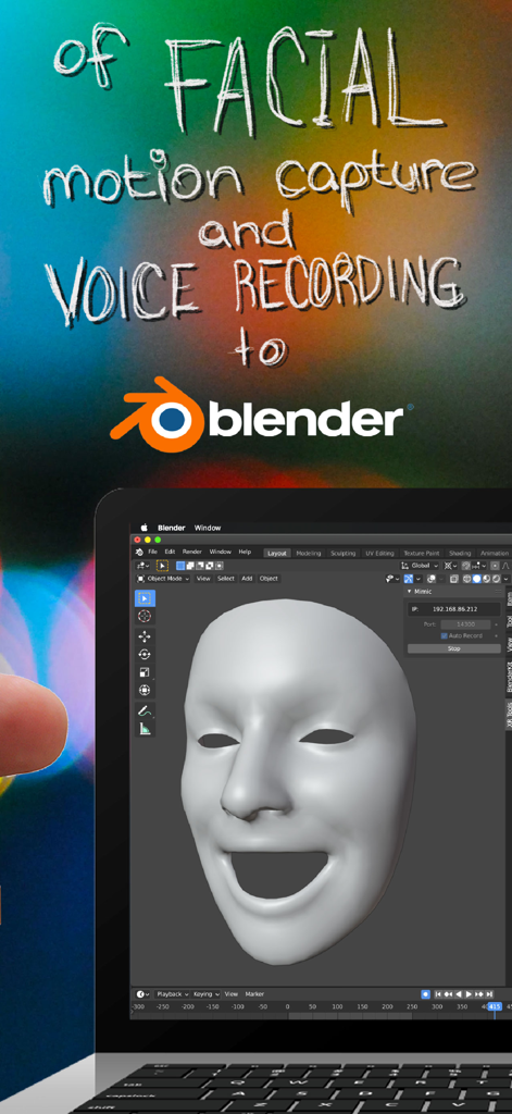 Mimic XR - Captura facial de movimento em tempo real e gravação de voz do aplicativo Mimic XR para o software 3D Blender