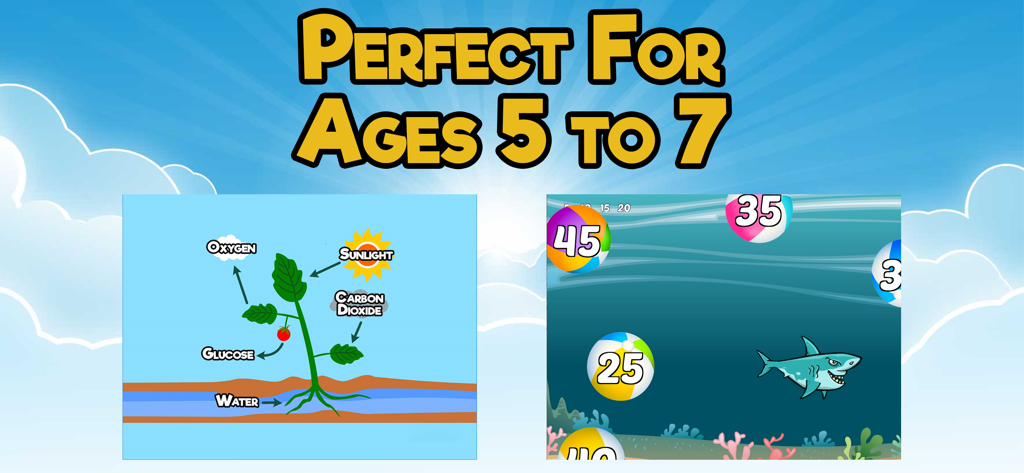 First Grade Learning Games - Educational app screenshots for children ages 5 to 7 featuring photosynthesis science and shark math games
