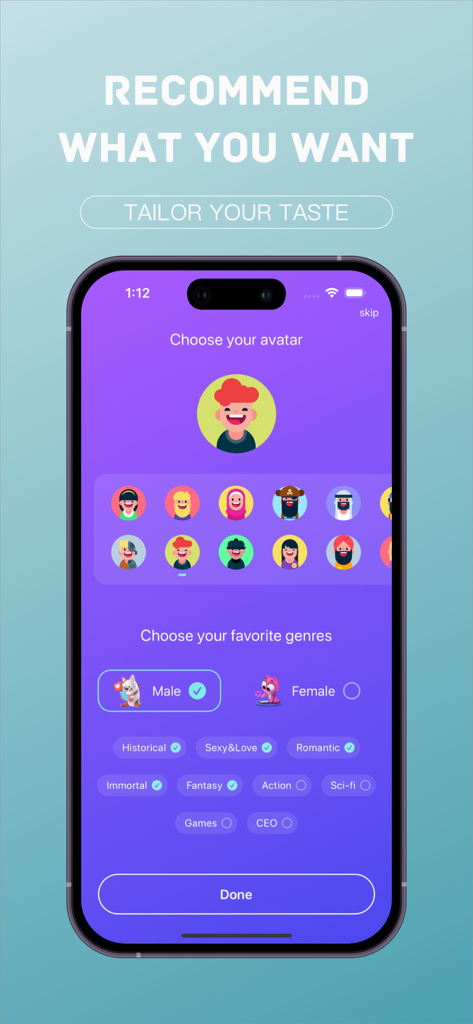 Puppr Novel -Romance & Fantasy - Pantalla de personalización en la aplicación Puppr Novel donde los usuarios eligen un avatar y seleccionan sus géneros de lectura favoritos.
