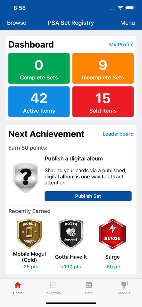 PSA Set Registry - PSA Set Registry dashboard displaying card collection statistics and collector achievements