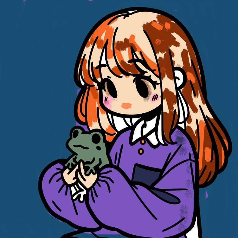 girl with long hair and a oversized shirt. and she is holding a frog