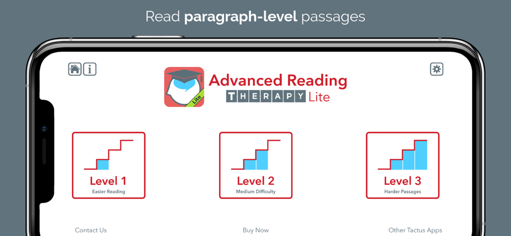 Interface de l'application Advanced Reading Therapy Lite montrant trois niveaux de difficulté pour les exercices de lecture.