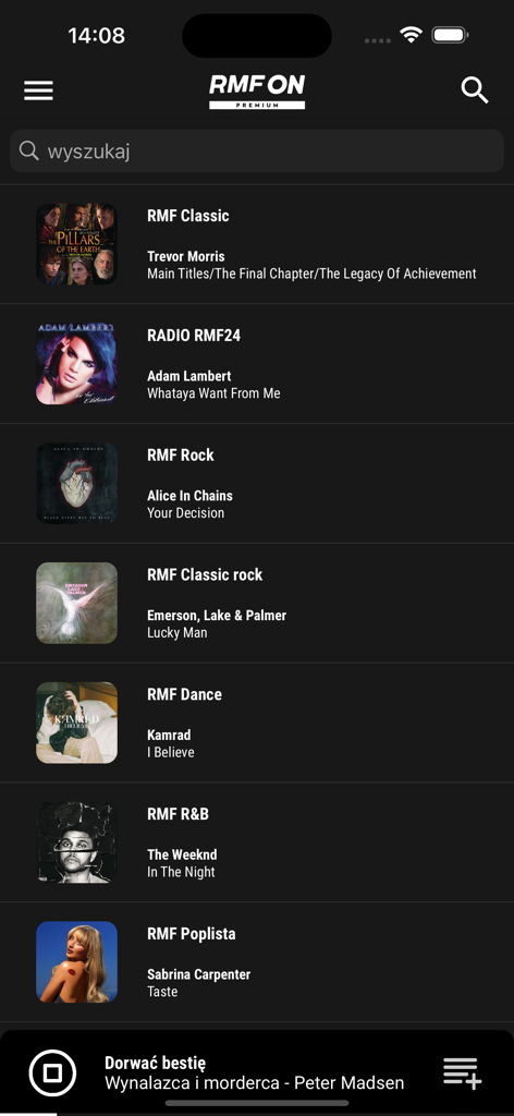 Interfaz de la aplicación RMF ON mostrando una lista de estaciones de radio