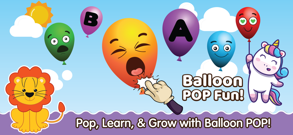 ABC Alphabet Flash Cards Games - Colorful educational balloon pop game interface with alphabet letters and cartoon animals for toddlers