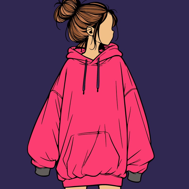 realistic girl with a oversized sweatshirt on and a bun