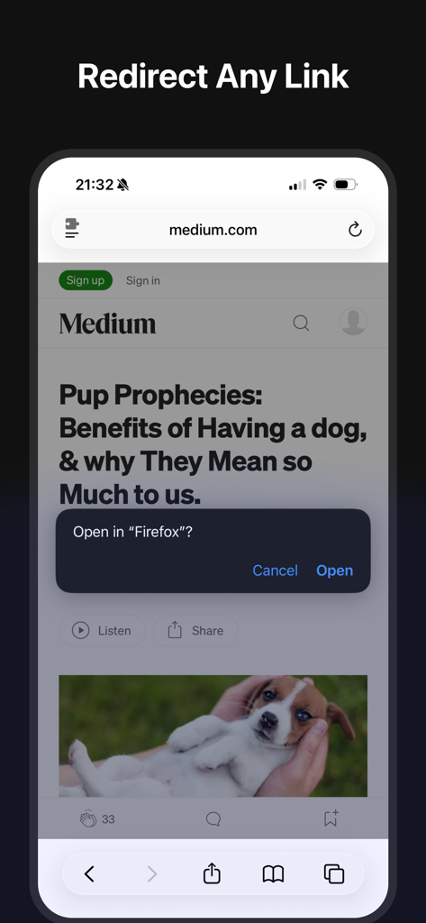 A mobile screen showing a prompt to open a link from Safari in the Firefox browser using the extension.