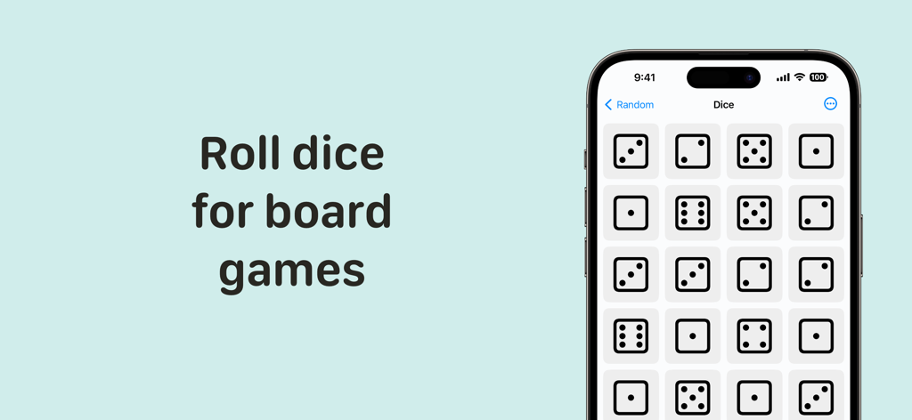 Random Number Generator. RNG - Interface de l'application mobile montrant plusieurs dés lancés pour des jeux de société.