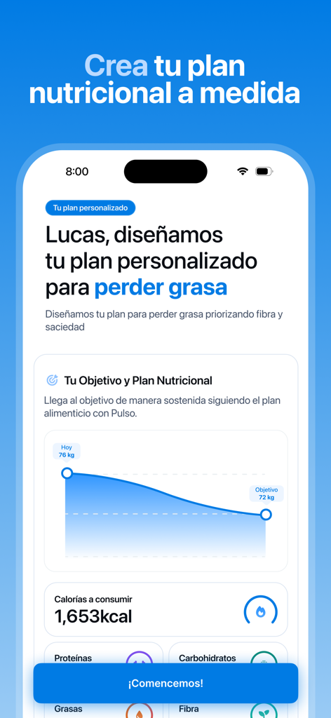 Mobile app interface of Pulso AI displaying a personalized fat loss nutrition plan with a weight tracking graph and daily calorie goal