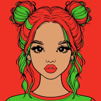 realistic girl with two buns in hair and lips
