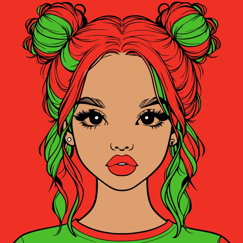 realistic girl with two buns in hair and lips