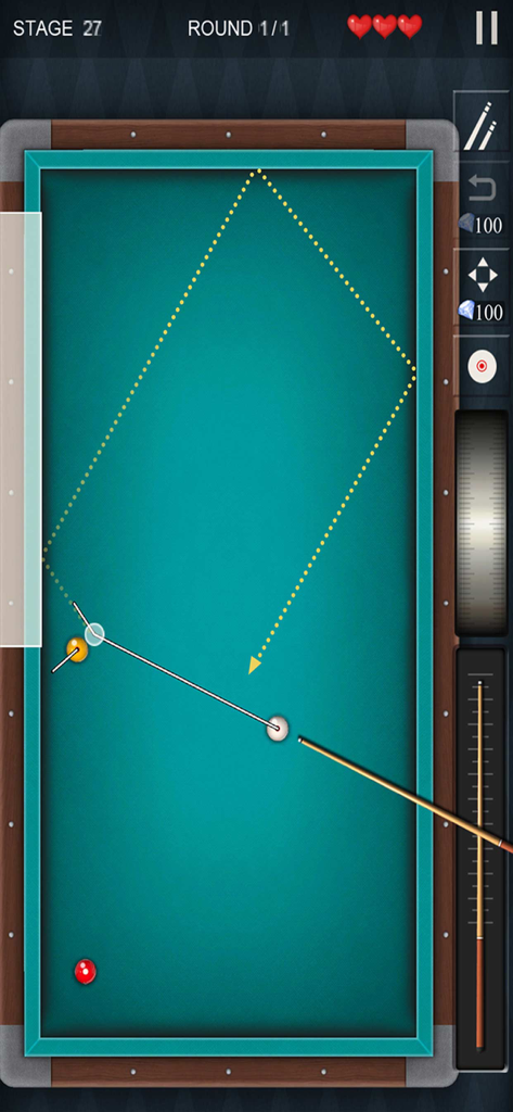 Pro Billiards 3balls 4balls - Mobile gameplay of Pro Billiards showing a carom shot trajectory and control interface
