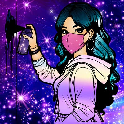 realistic girl with mask spray painting a wall