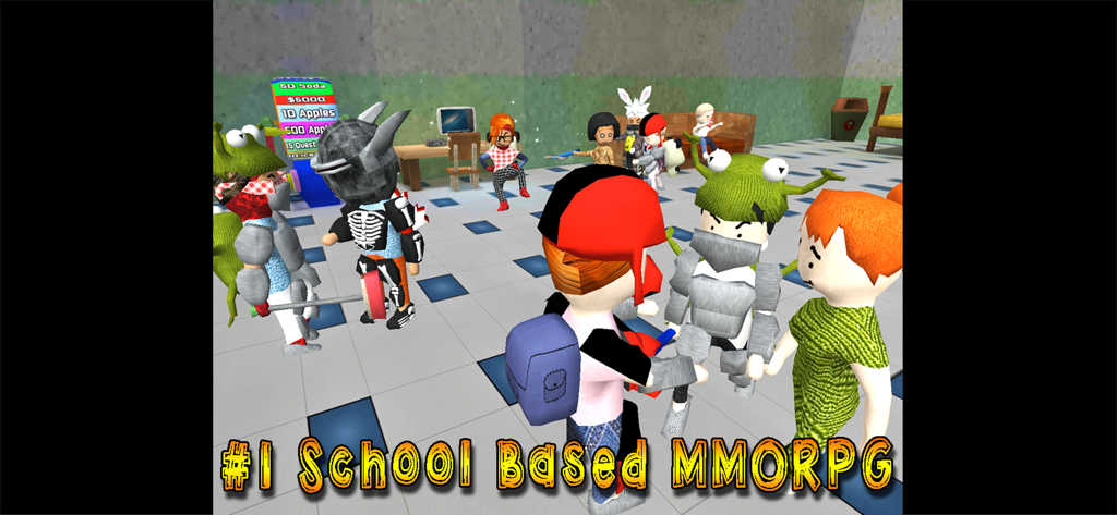 Grupo de personajes personalizados en un pasillo escolar en School of Chaos MMORPG