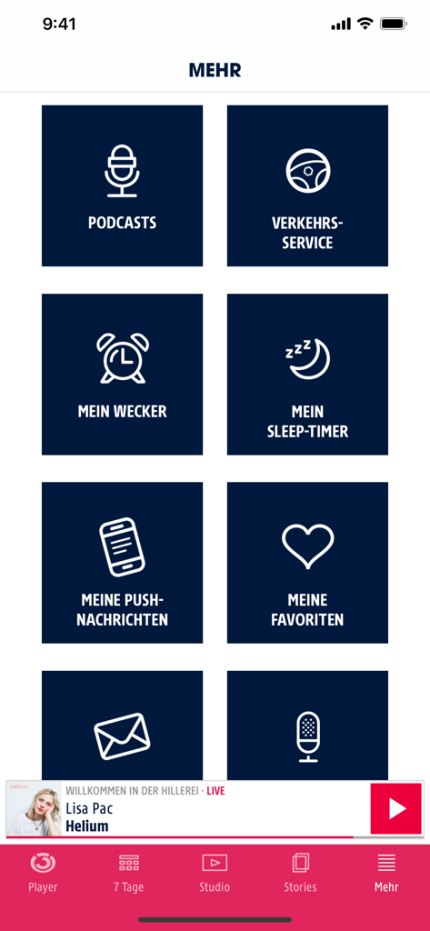 Hitradio Ö3 - Hitradio Ö3 app menu showing icons for podcasts traffic service alarm clock and favorites