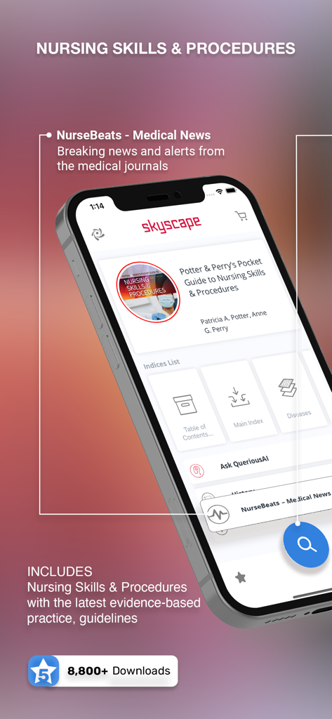 Nursing Skills & Procedures - Smartphone displaying the home screen of the Nursing Skills and Procedures mobile app with Potter and Perry guide content