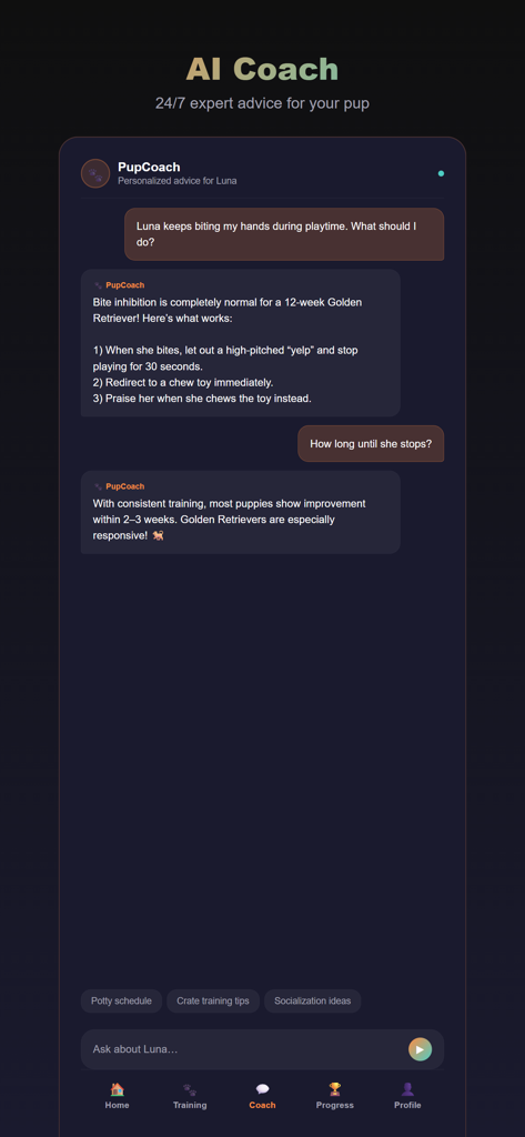 PupCoach — AI Puppy Training - PupCoach app chat interface showing AI coach giving advice on puppy bite inhibition.