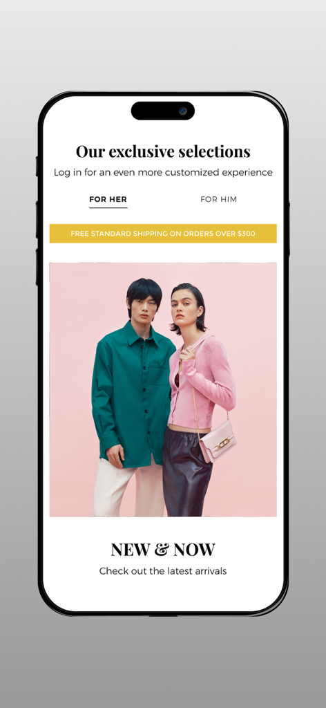 The YOOX app home screen showing exclusive fashion selections and latest arrivals for her and him.
