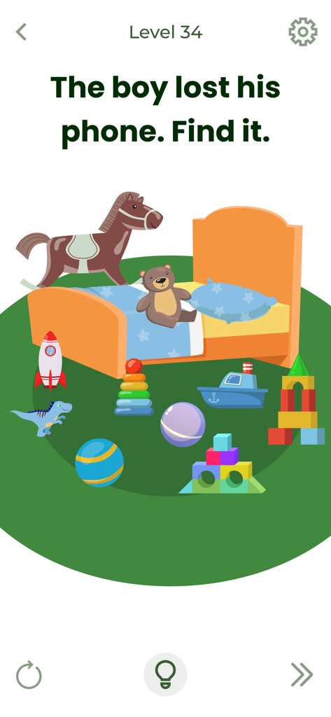 Una pantalla de puzzle de lógica de Brain Out que pide al jugador que encuentre un teléfono perdido entre juguetes esparcidos y una cama