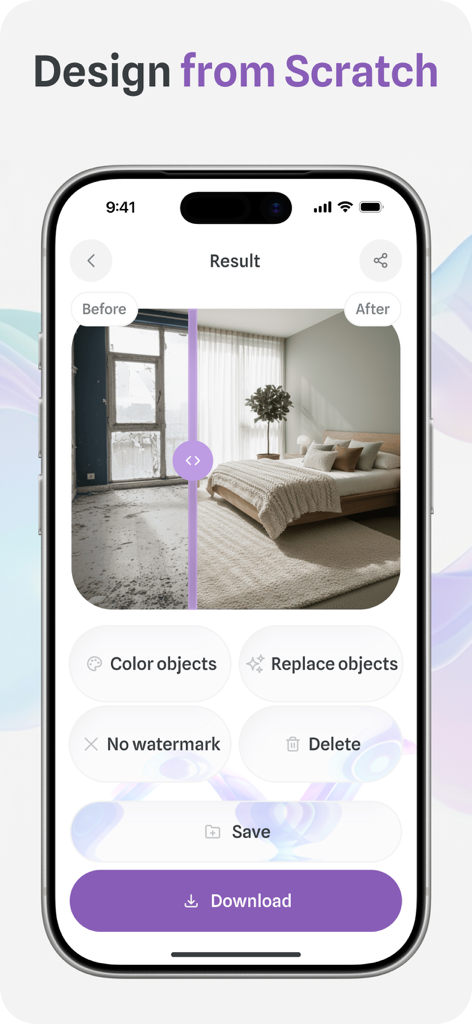 AI Home Design - ReRoomy - Geteilter Bildschirmvergleich eines Schlafzimmers vor und nach der KI-Innenraumgestaltung