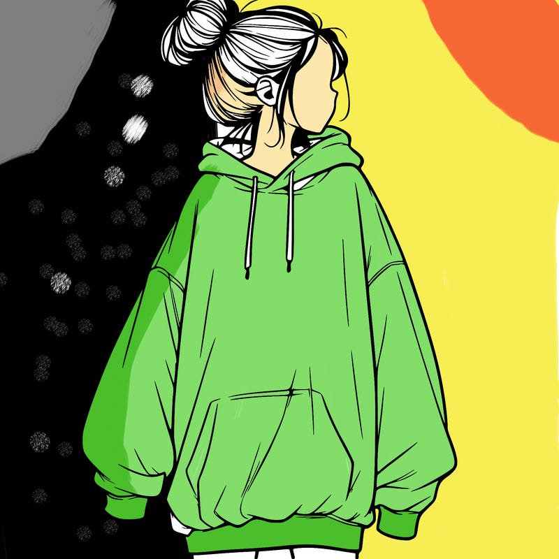 realistic girl with a oversized sweatshirt on and a bun