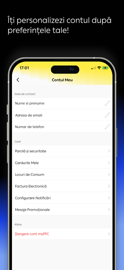 myPPC - Screenshot of the myPPC app showing the My Account settings page with contact details and account preferences.