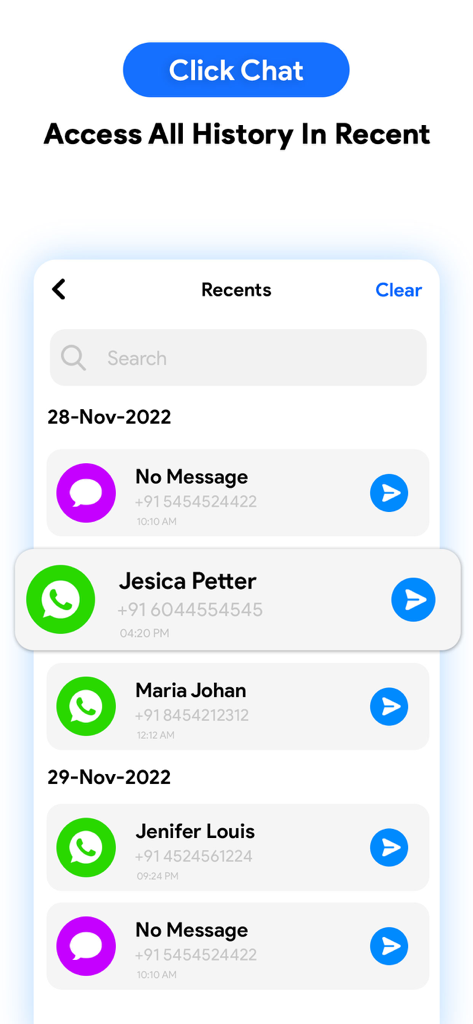 Click To Chat - Direct Message - Recents screen showing chat history with contact names and phone numbers