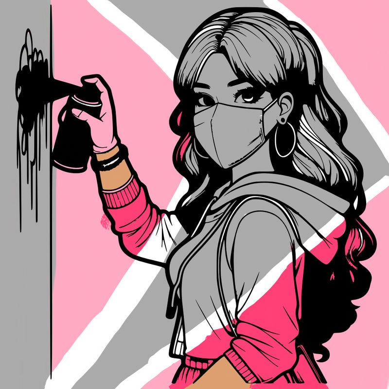 realistic girl with mask spray painting a wall