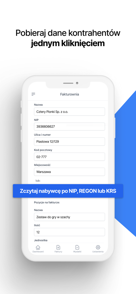 Fakturownia - faktury w KSeF - Fakturownia mobile app interface showing automated contractor data entry for fast invoicing.