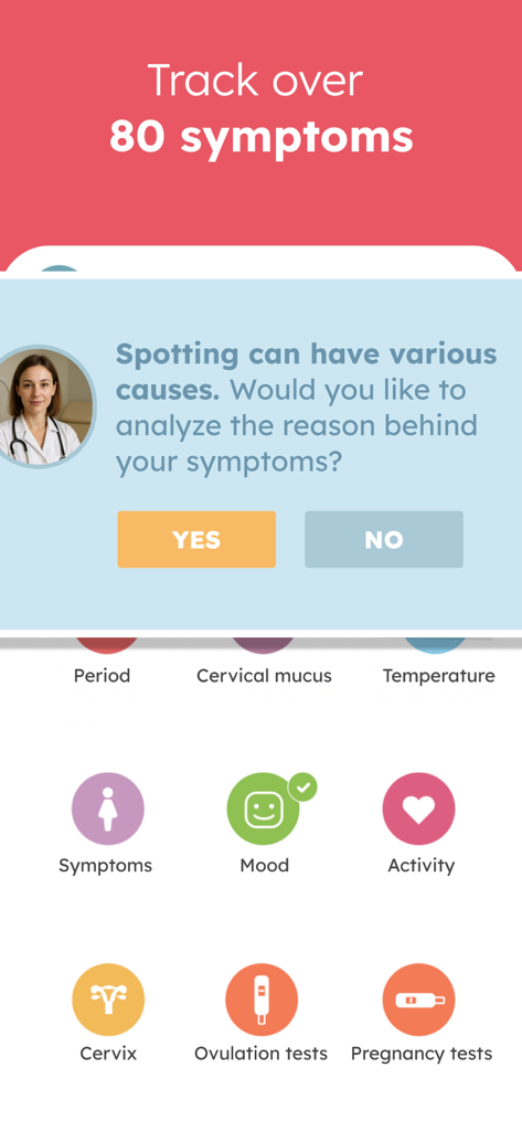 Trying to Conceive & Pregnancy - Mobile app interface showing options to track over 80 symptoms, moods, and tests with a health analysis notification.